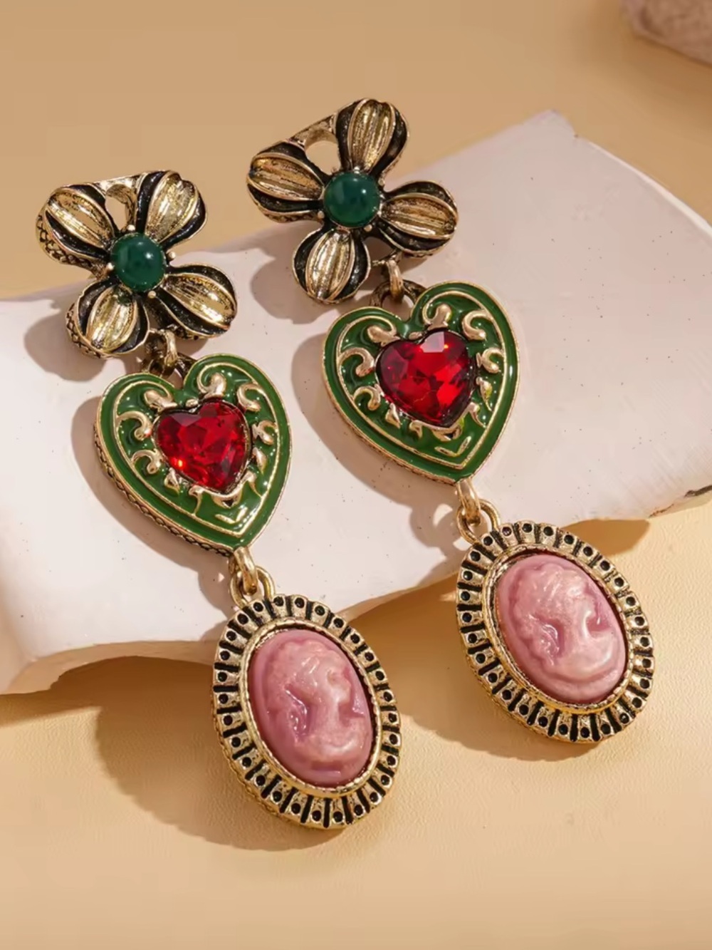 New Vintage-Inspired Green & Gold Heart Drop Earrings with Red Gem and Pink - Picture 2 of 5